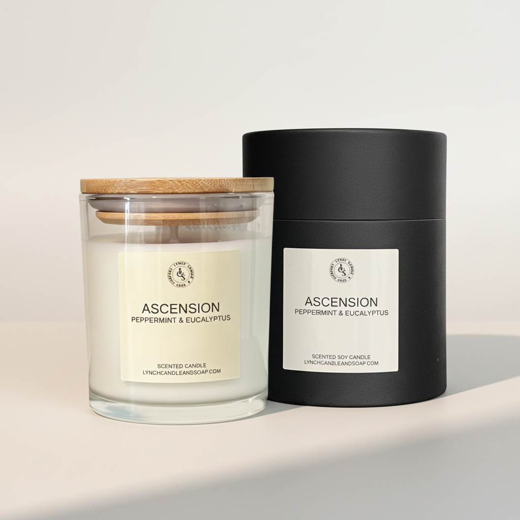 Peppermint scented candles labeled 'Ascension' with box.
