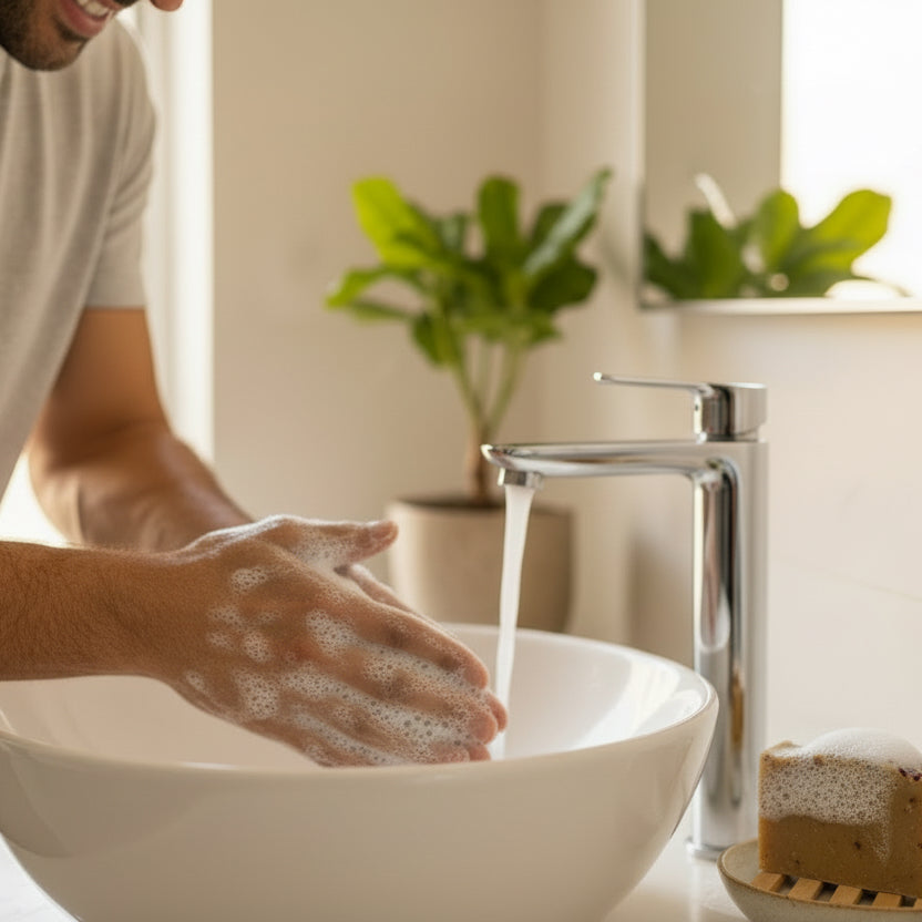 Annatto bar of soap with a man washing his hands while enjoying the experience of the suds.