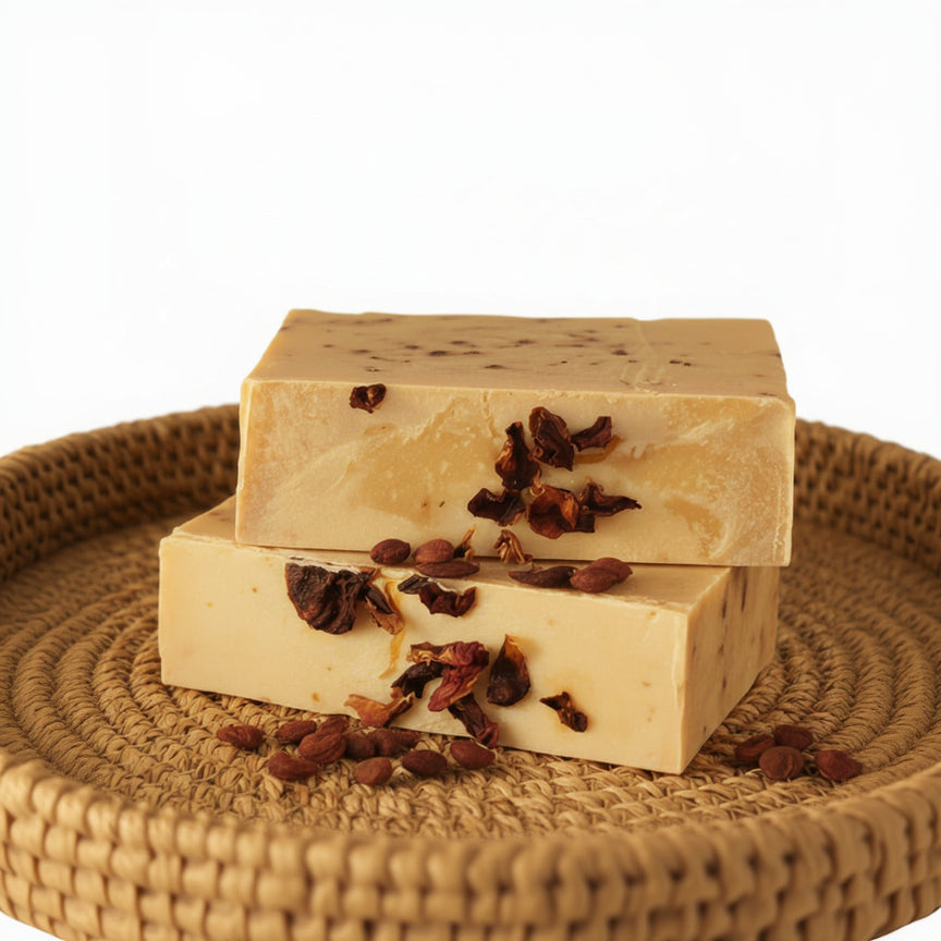 Two rectangular soap bars with dried flowers embedded on a gray surface.