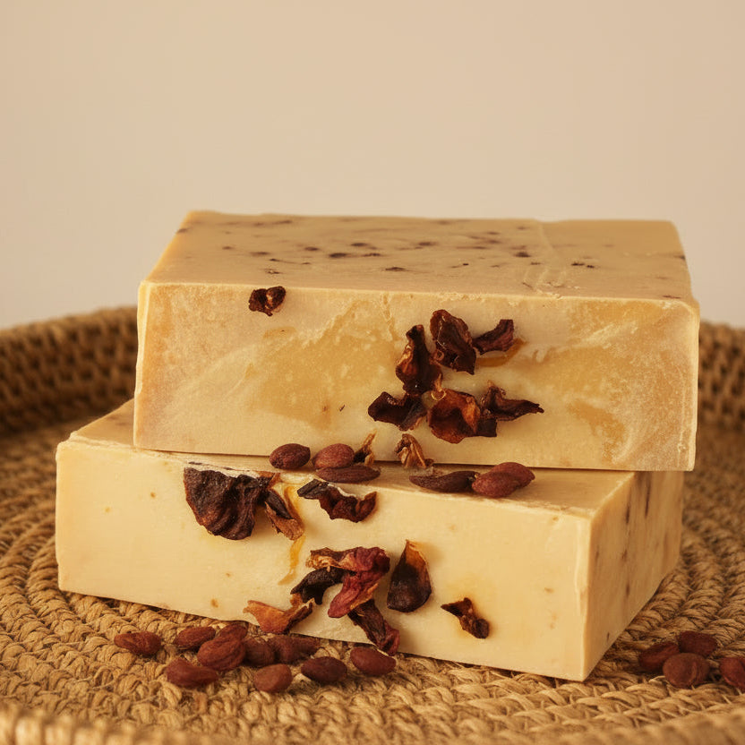 Two rectangular soap bars with dried flowers embedded on a gray surface.