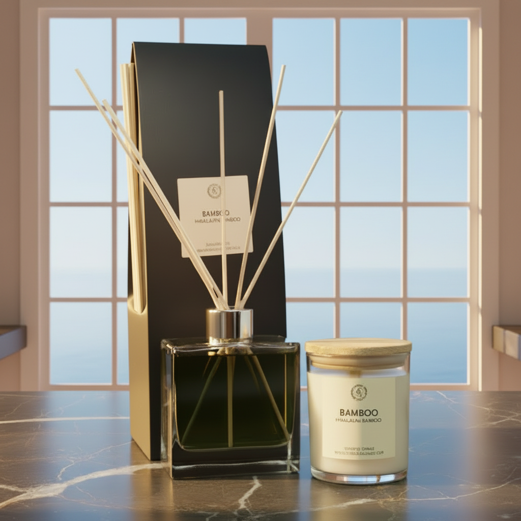 Bamboo diffuser and candle set with reeds on a marble counter.