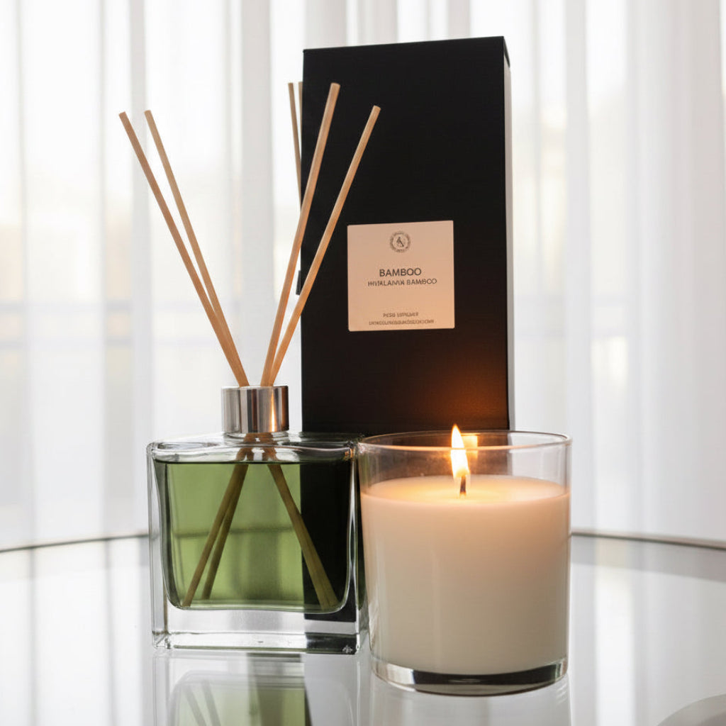 Bamboo reed diffuser and bamboo soy candle with a diffuser black box labeled 'Bamboo' on a light gray background