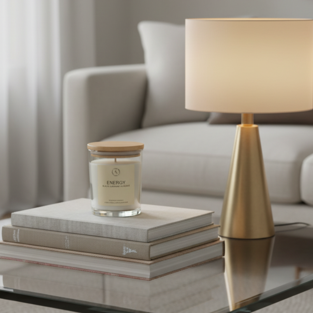 Scented candle labeled 'Energy' with black currant & agave on a white background