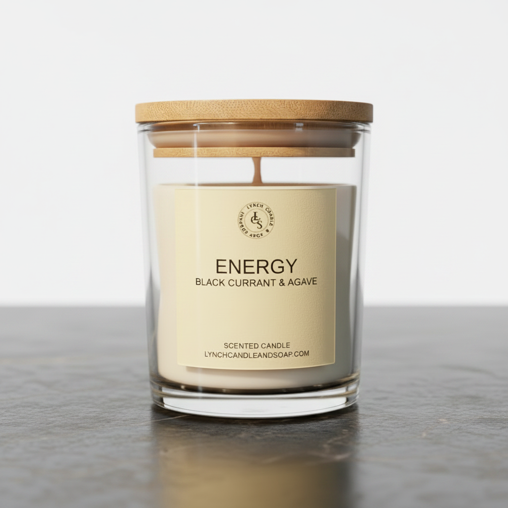 Scented candle labeled 'Energy' with black currant & agave.
