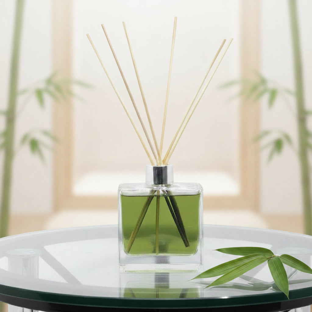 Clear diffuser bottle with wooden sticks on a white background