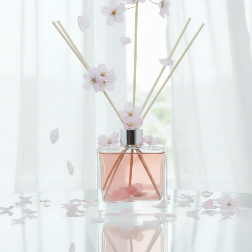 Japanese Cherry Blossom in Clear diffuser bottle with wooden sticks on a light gray background