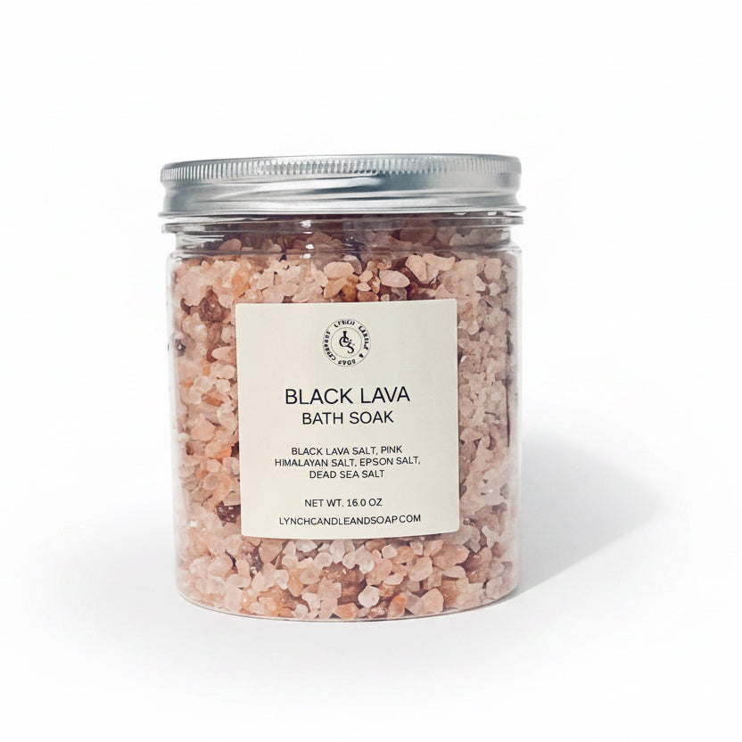 Jar of Black Lava Bath Soak with a label on a white background