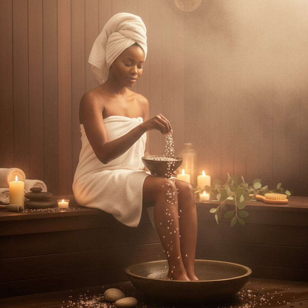 Woman in a steam room holding a bowl with a jar of bath salts on a wooden tray.
