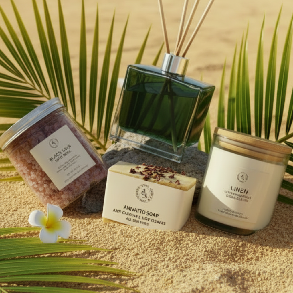 Caribbean collection of bath salt, soap, candle and reed diffusr