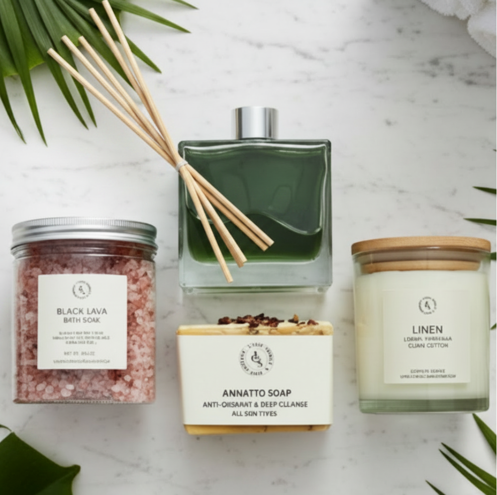 Collection of bath and body products including a bottle, jar, soap, and candle on a marble surface with green leaves.