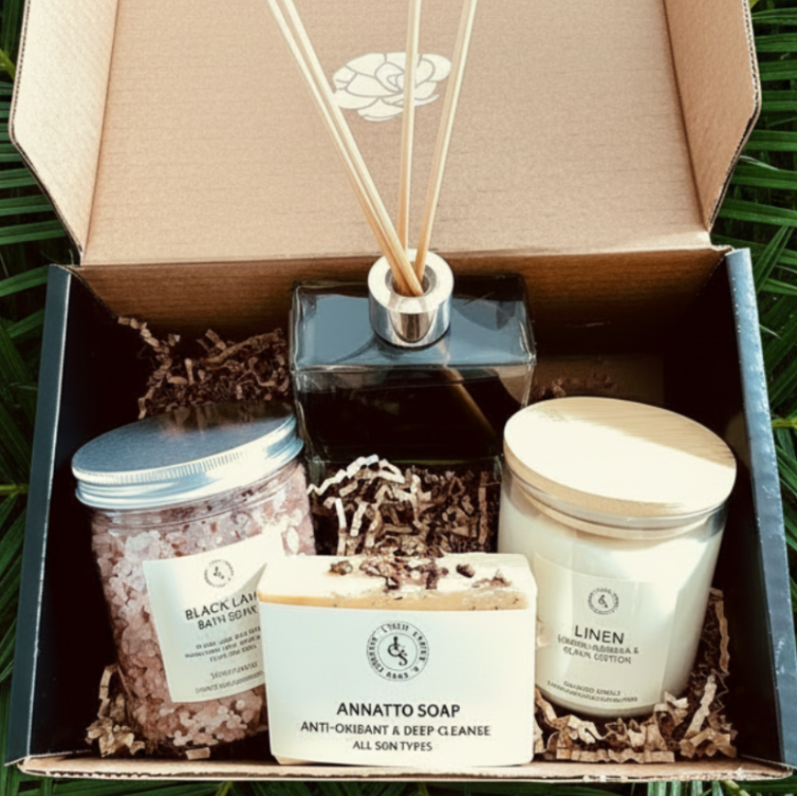 Caribbean gift collection of bath salt, soap, candle and reed diffuser