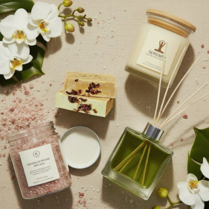 Collection of wellness products including a candle, salt, and diffuser on a white background