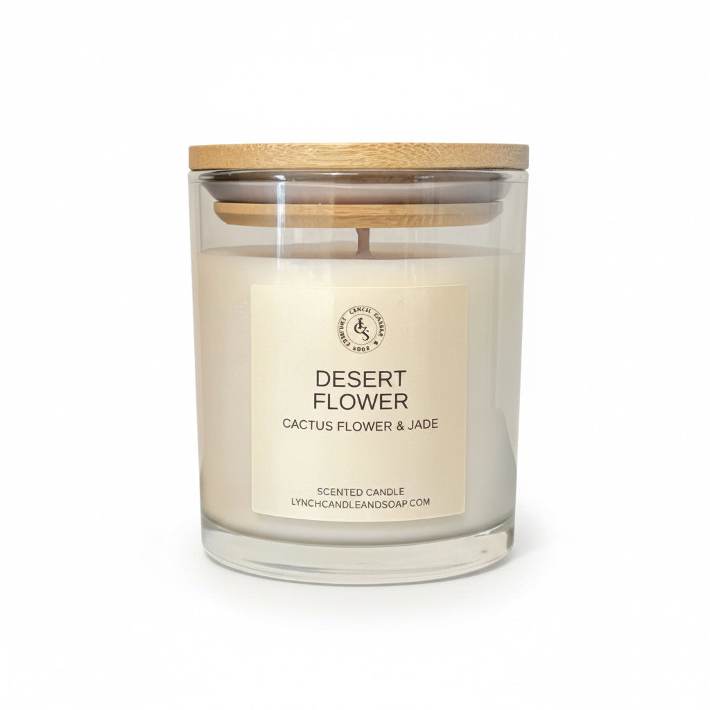 Desert Flower candle with wooden lid on a gray surface
