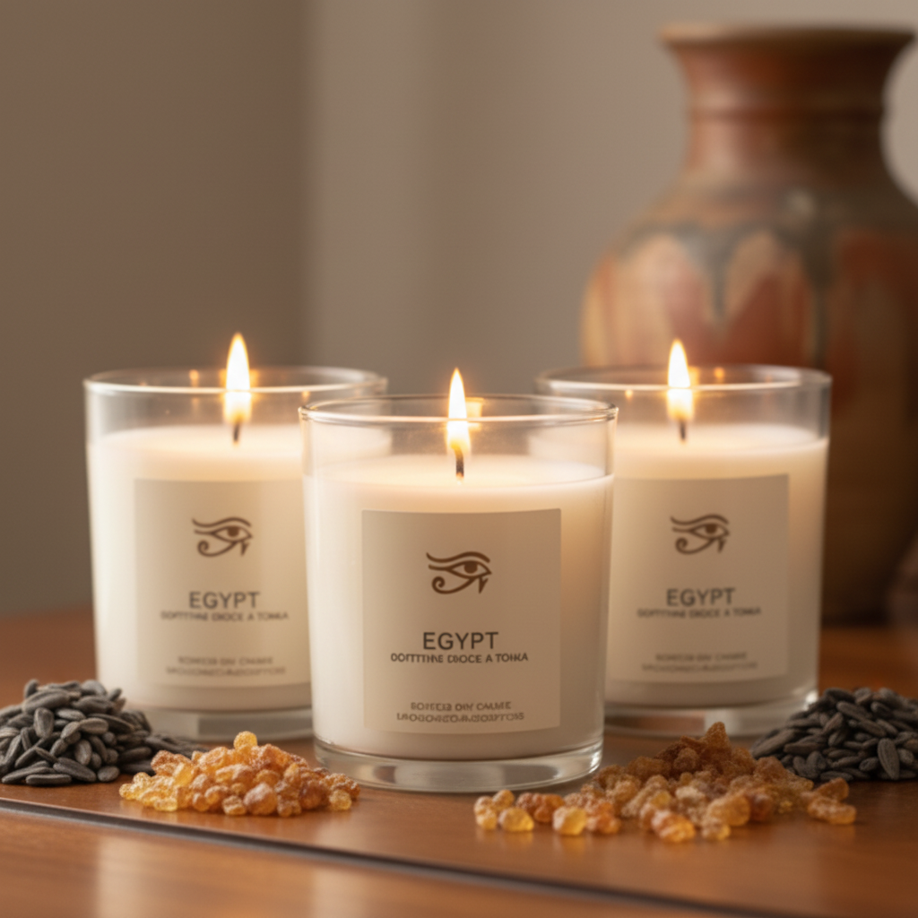 Scented candle labeled 'Egypt' with ingredients on a white background