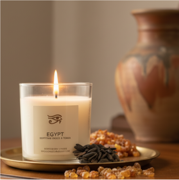 Scented candle labeled 'Egypt' with ingredients on a white background
