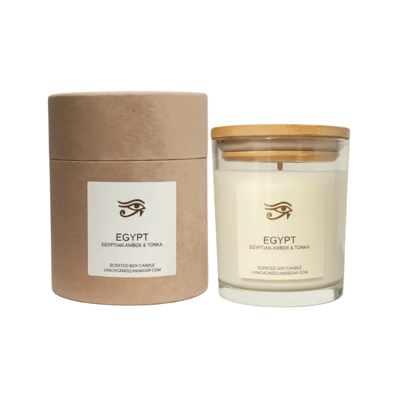 Candle and packaging with 'Egypt' branding on a white background
