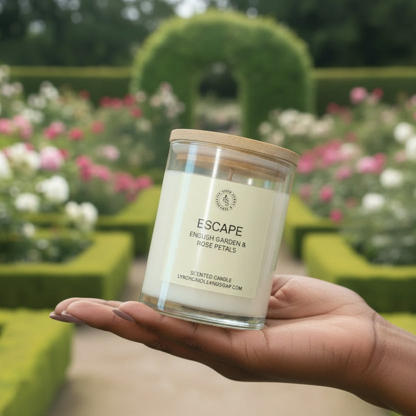 Hand holding a candle labeled 'Escape' with a neutral background