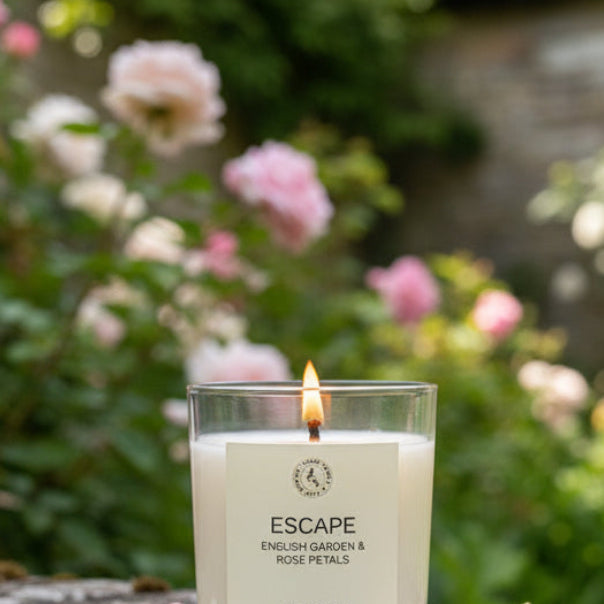 Candle labeled 'Escape' with garden background