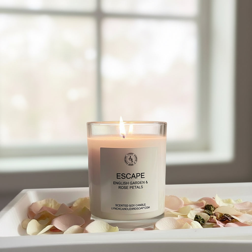 Lit candle in a glass jar labeled 'Escape' on a tray with flower petals, in front of a window.
