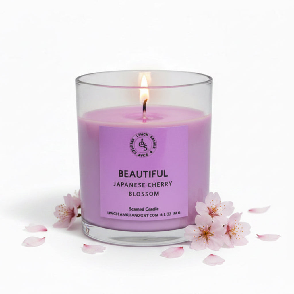Candle with a purple label on a white background
