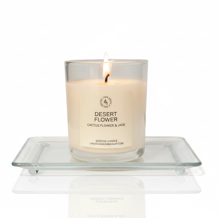 Candle with 'Desert Flower' label on a white background