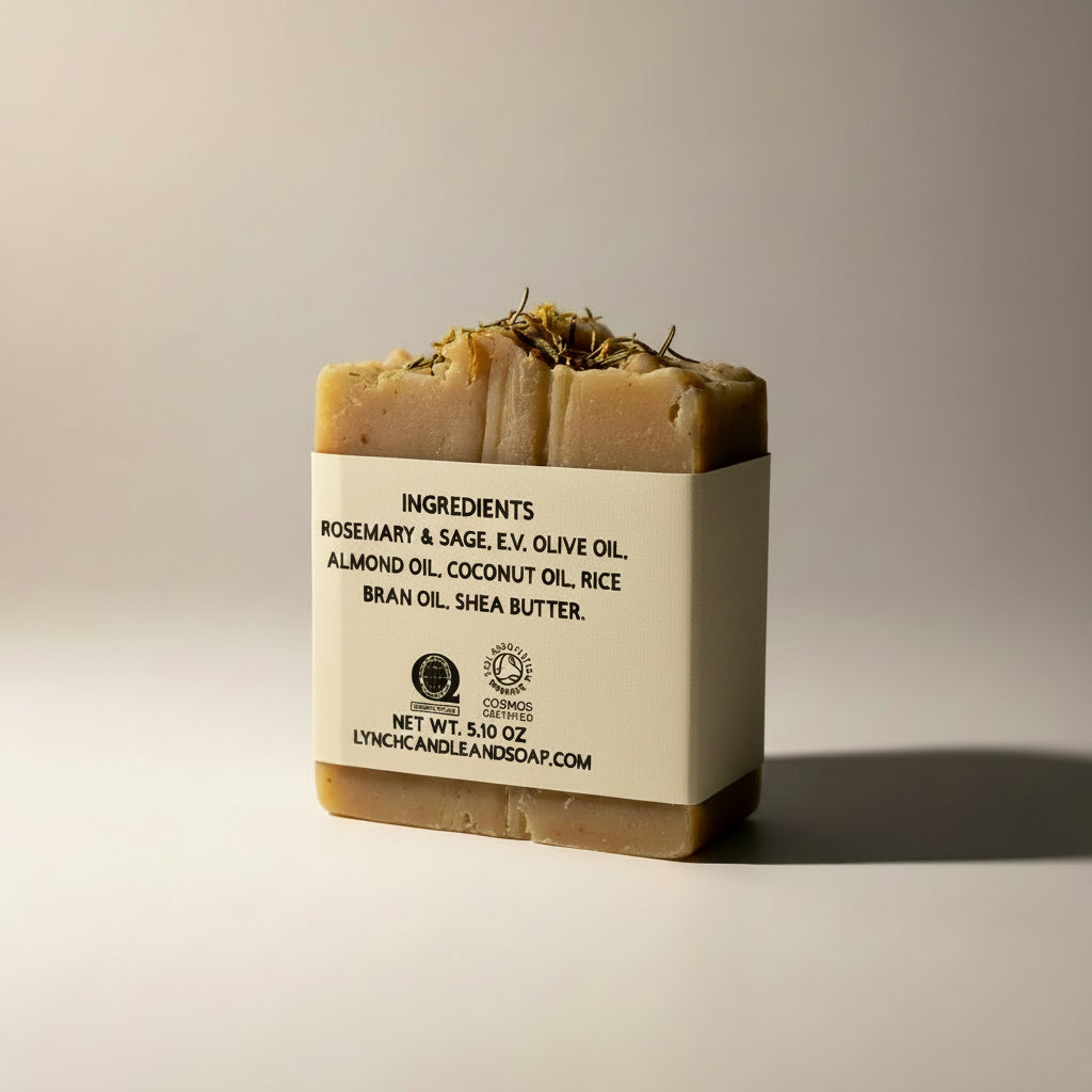 Bar of soap with a label detailing ingredients on a light gray background