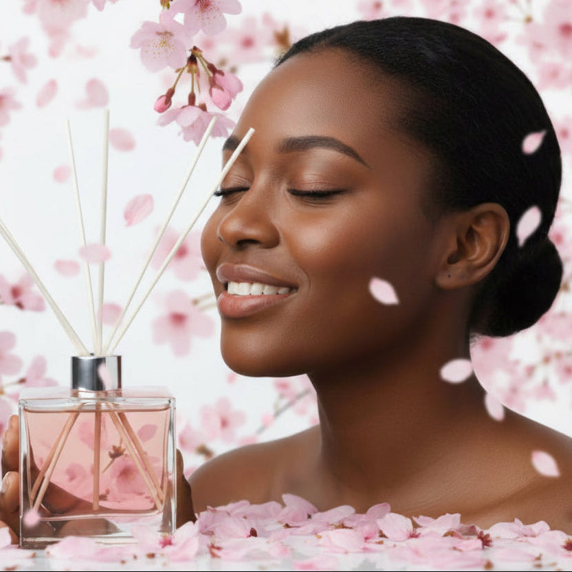 black woman smelling cherry blossom Reed diffuser with wooden sticks in a clear bottle on a white background