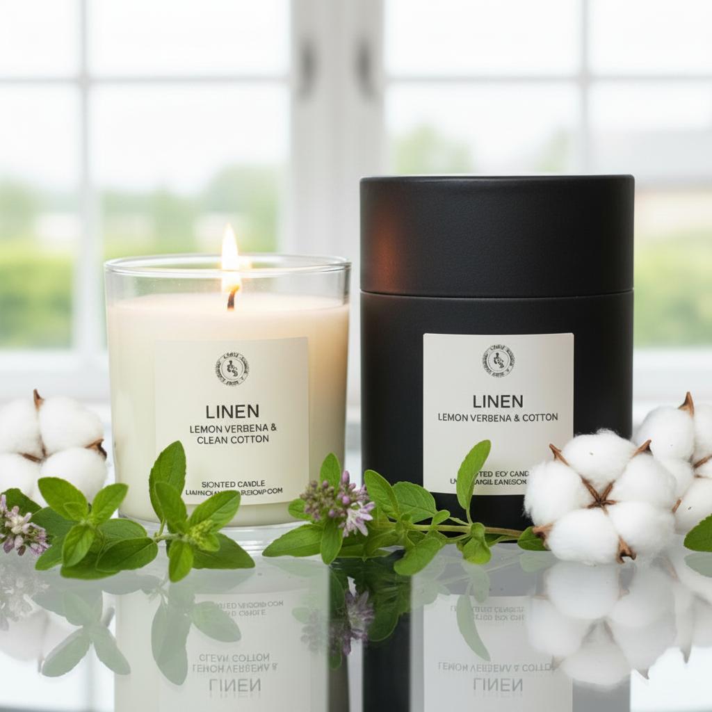 Linen candle, and black packaging box on glass table, in front of a window.