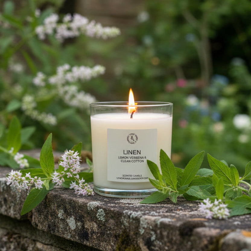 Linen candle with wooden lid on a white background