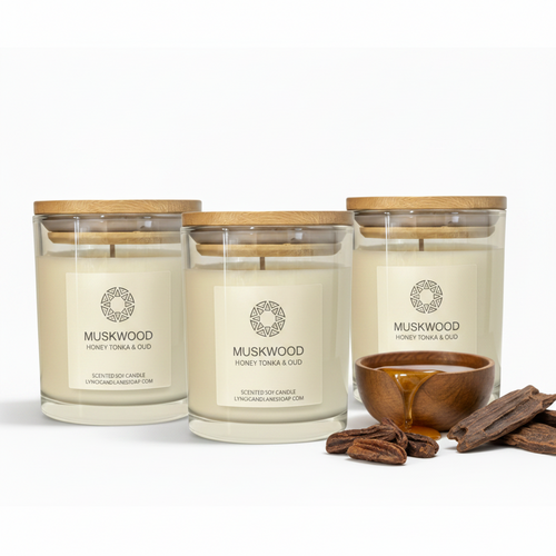 Muskwood scented candle with wooden lid and packaging on a white background
