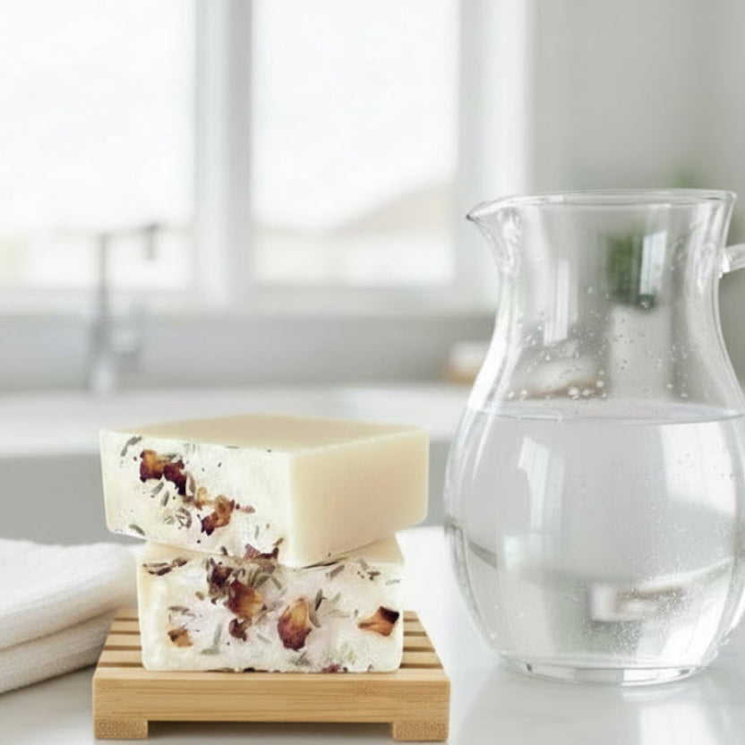 Bar of soap on a wooden stand with a glass pitcher and white towel on a light surface.