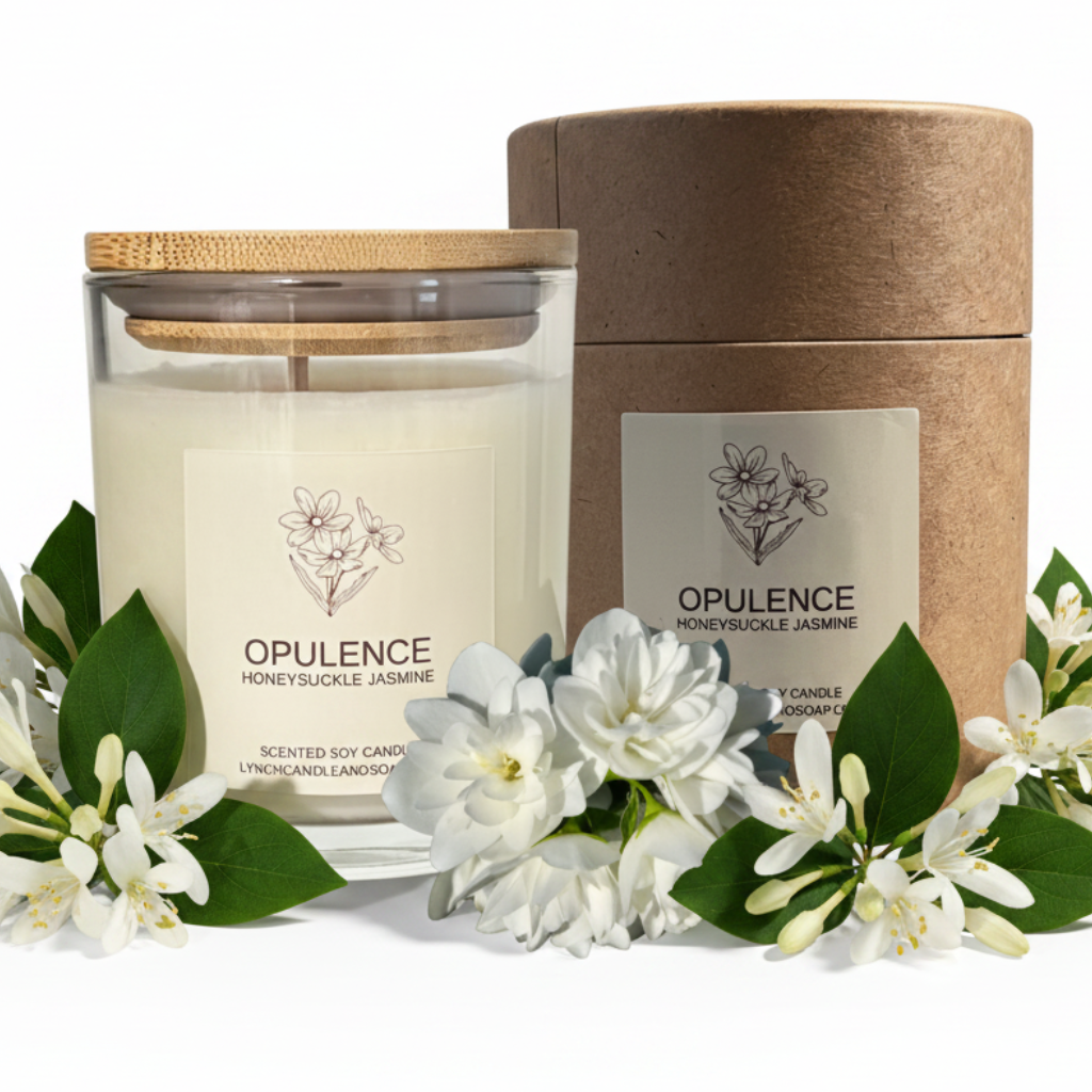 Opulence scented candle with wooden lid and brown cardboard packaging on a white background