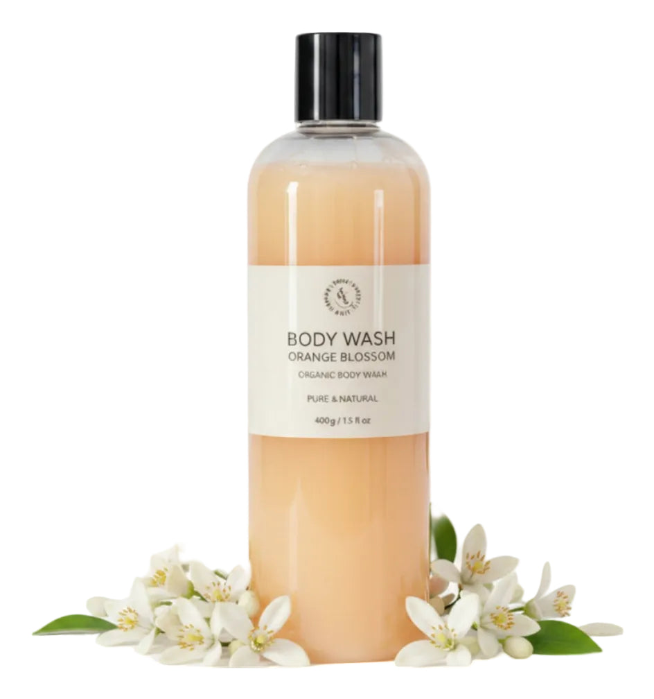 Body wash bottle with a label on a white background