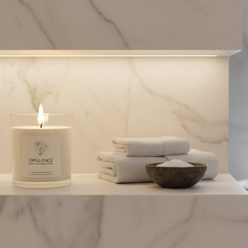 Opulence scented candle with wooden lid on a gray surface
