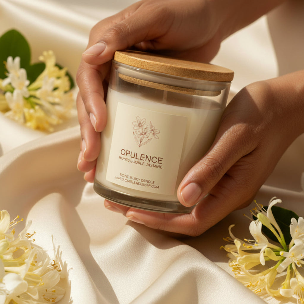 Scented candle with a wooden lid on a white background