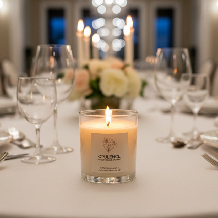 Candle labeled 'Opulence' on a gray surface with a neutral background