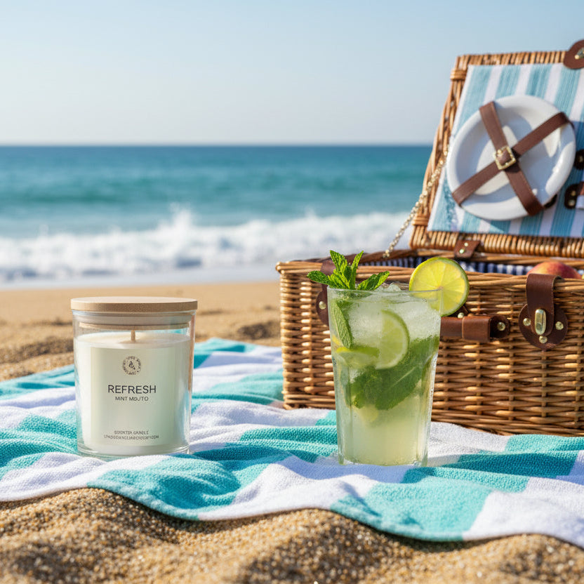 Candle labeled 'Refresh Mint Mojito' on a beach towel with picnic basket and a mint mojito drink, oceanin the background.