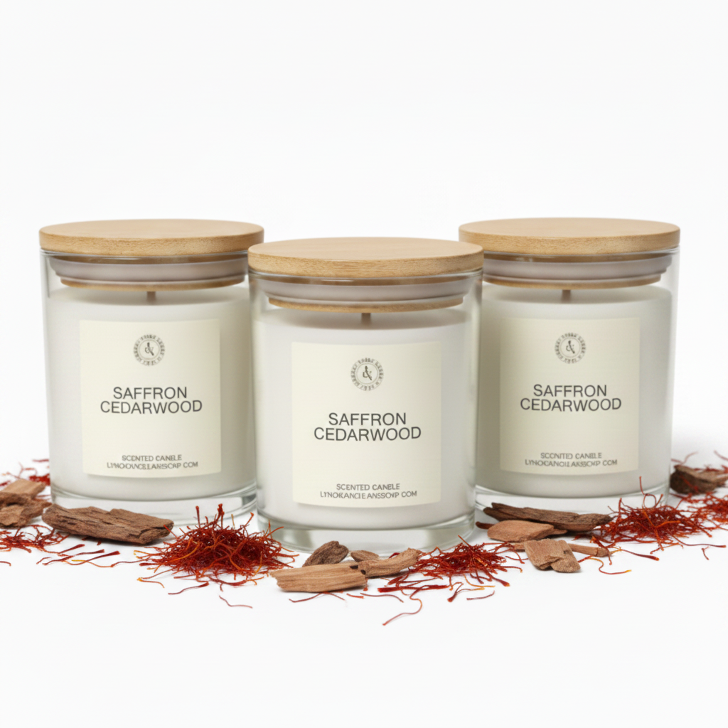 Saffron Cedarwood candle with wooden lid and packaging on a white background