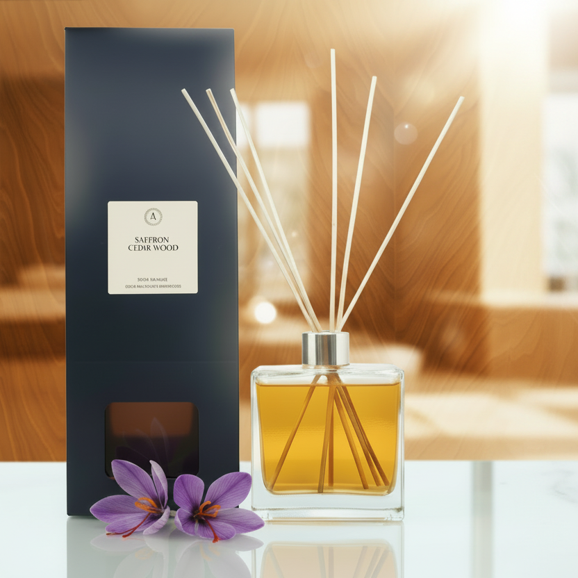 Saffron CedarWood Reed diffuser set with black packaging and saffron flower on a white background