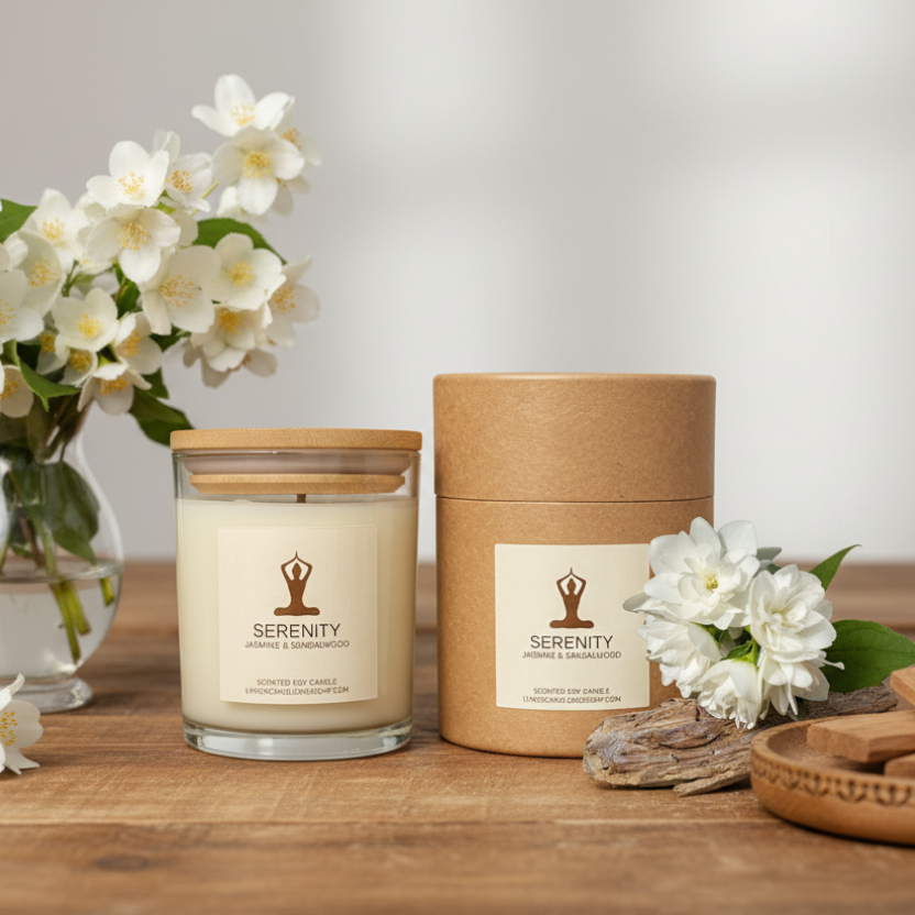 Serenity scented soy candle with wooden lid and packaging on a white background