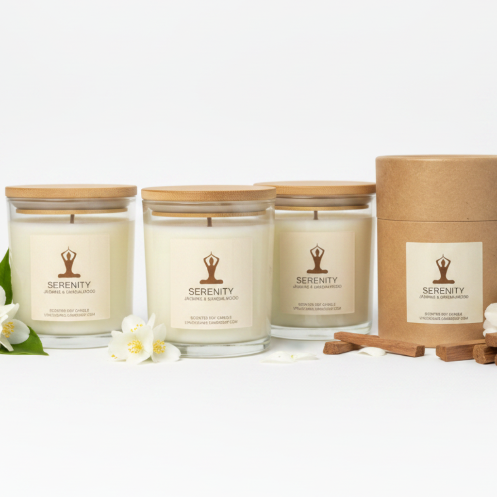 Serenity candle with wooden lid and packaging on a white background