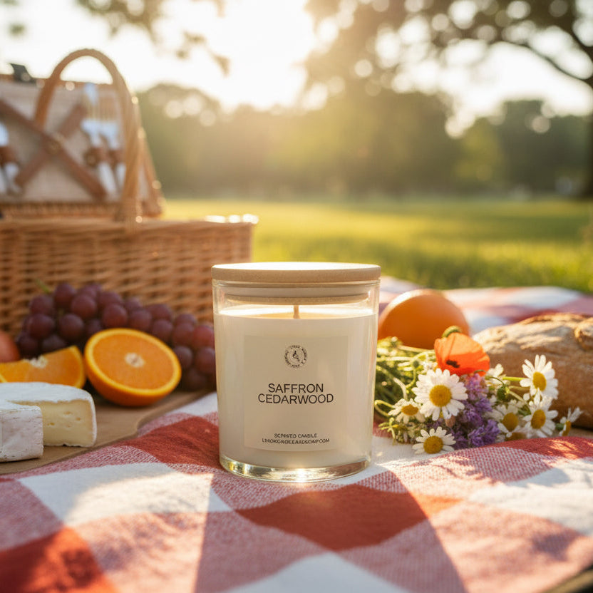 Scented candle labeled 'Saffron Cedarwood' with a wooden lid on a light gray background