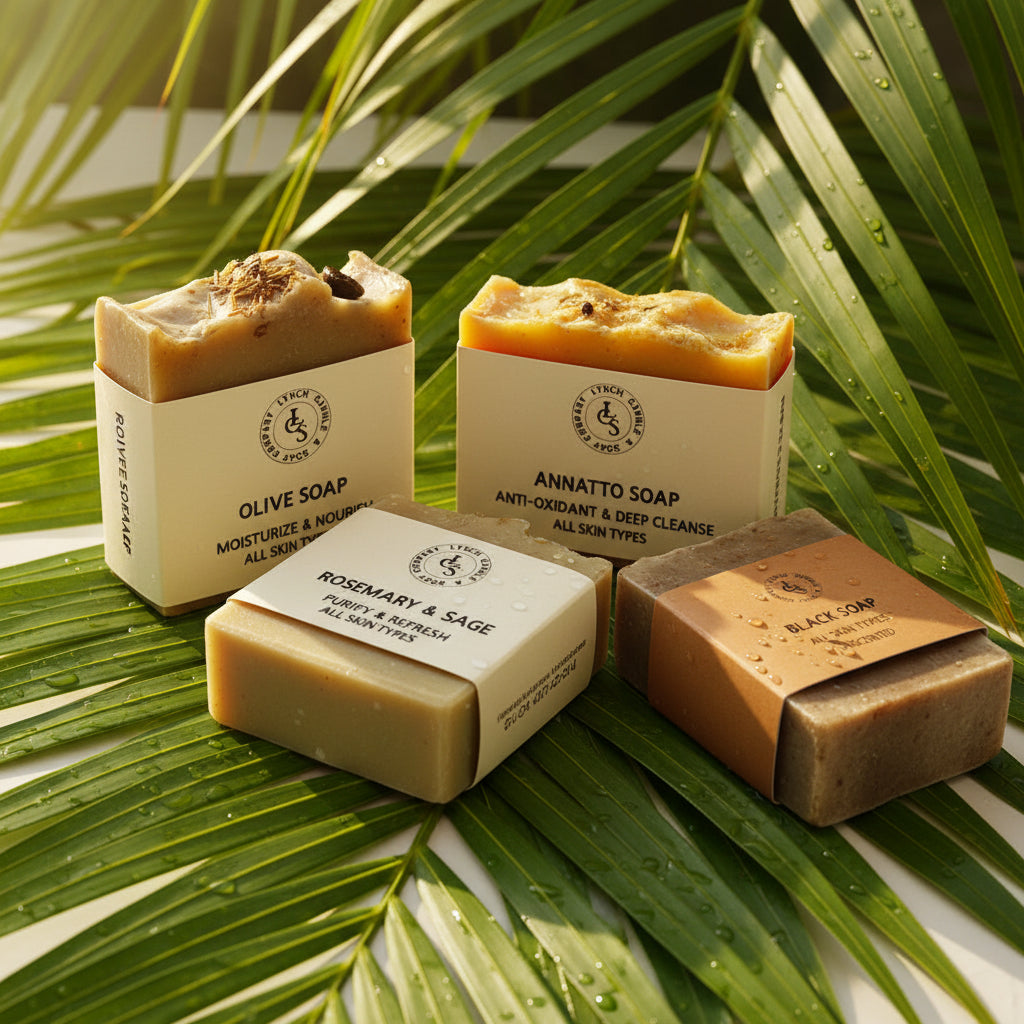 Four bars of soap with labels on a white background