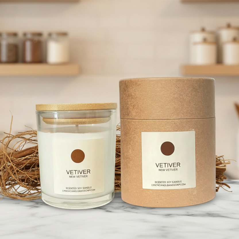 Candle with wooden lid and Vetiver-scented packaging on a white background