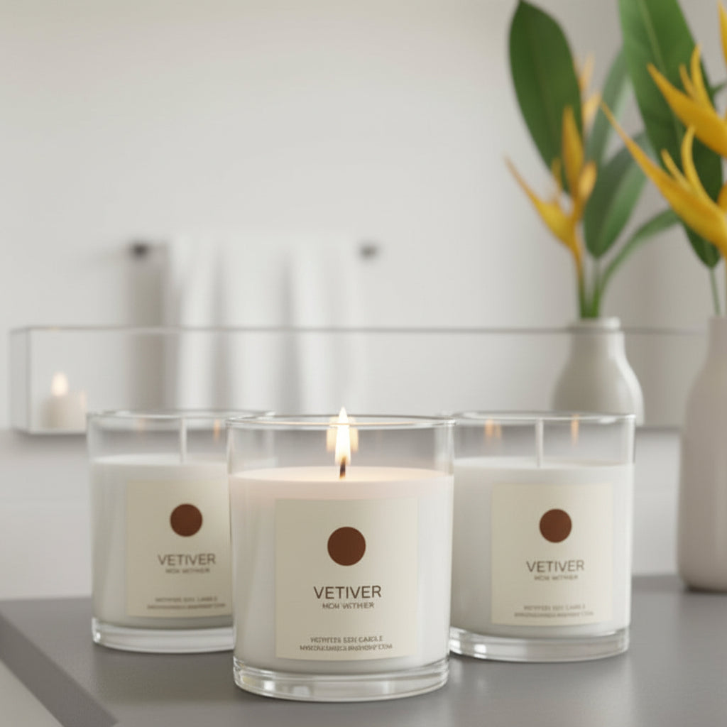 Vetiver candle on bathroom sink top next to a vase of yellow flowers