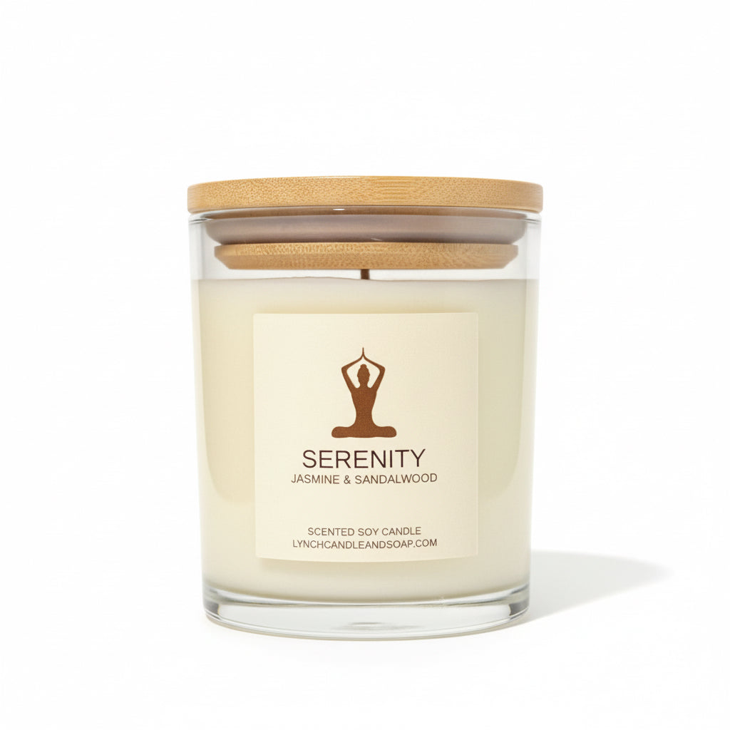 Scented candle labeled 'Serenity' with a wooden lid on a neutral background